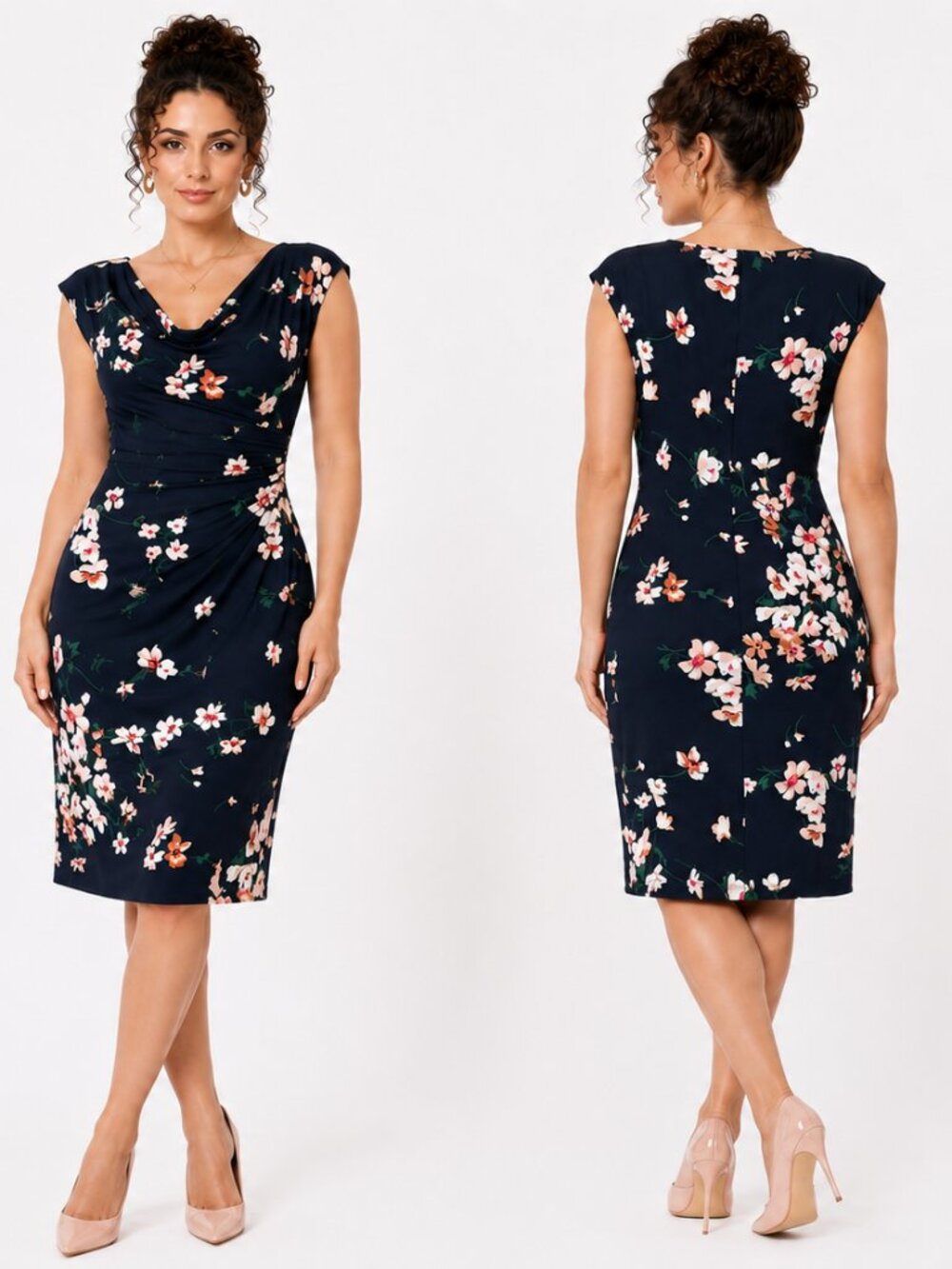 Lauren Ralph Lauren Navy Floral Cowl Neck Ruched Sheath Dress Size 4